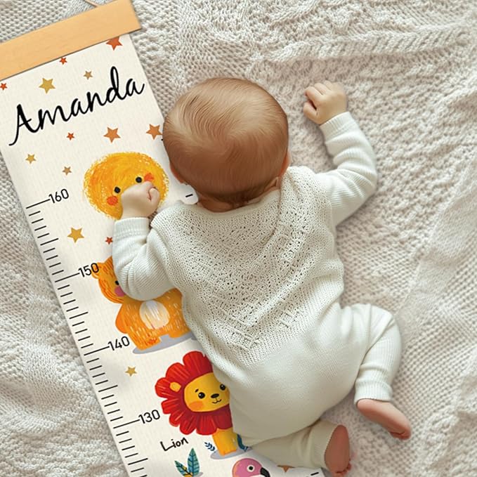 Personalized Name Growth Chart Wall Decor for Kids – Canvas Removable Height Chart Measuring Ruler 59" x 7.9" （Animals）