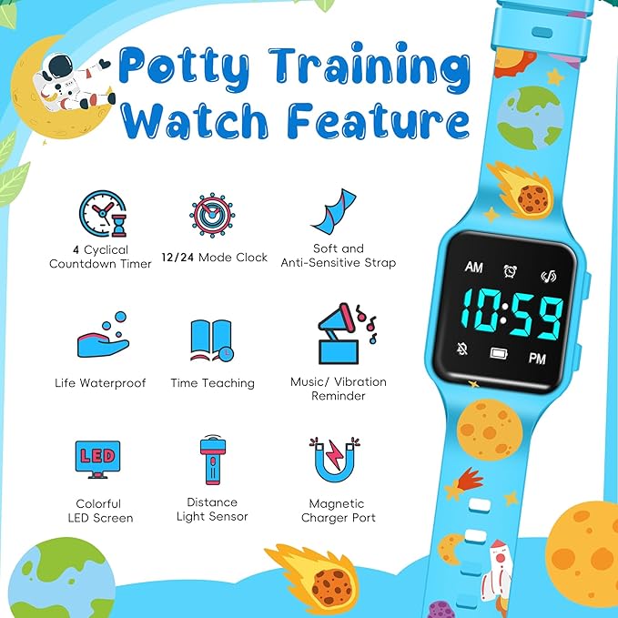 Potty Training Watch for Toddlers & Kids with Countdown, Flashing Lights, Fun Music or Vibration Alerts - Waterproof Interactive Toilet Training Reminder for Boys & Girls Ages 2-9