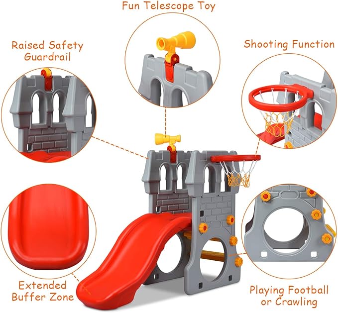 KOTEK Toddler Slide Indoor for Age 3-8, 5 in 1 Kids Climber Slide with Basketball Hoop, Telescope, Crawl Through Space & Climbing Stairs, Freestanding Kids Slide for Boys & Girls