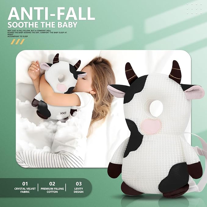 Baby Walker Head Protector Backpack Wear,Toddler Adjustable Baby Head Protection Backpack for Safety Baby Learning Walking Crawling (White Cow)