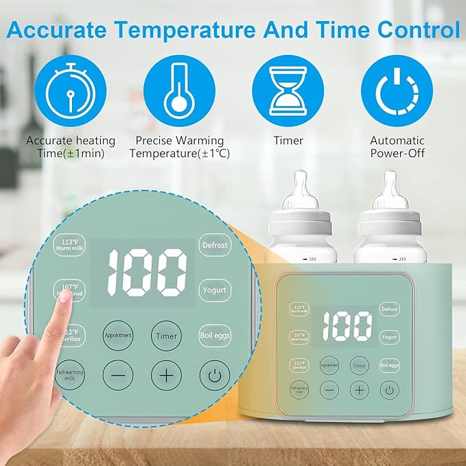 Baby Bottle Warmer 9-in-1 Multifuntion Breast Milk Warmer, Fast Baby Food Heater and Defrost Warmer with Timer for Twins, LCD Display Accurate Temperature Adjustment, 24H Constant Mode-Green