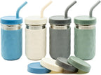 WeeSprout 2-in-1 Drinking Cups for Kids, Durable Stainless Steel Tumbler for Smoothies, Silicone Straws with Stoppers, Premium Plastic Twist Lids, Easy-Grip Sleeves, Set of 4 Dishwasher Safe Kid Cups