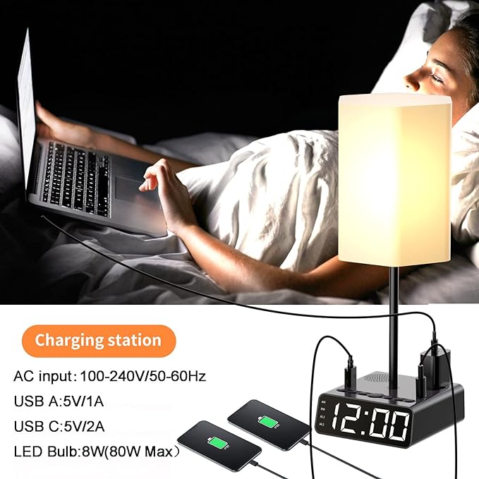 Table Lamp Alarm Clock with USB Ports and AC Outlet, Beside Lamp with Charging Station Speakers and Radio, Power Outlet with Touch Control 3-Way Dimmable Nightstand Lamp for Kids Study Room, Bedroom