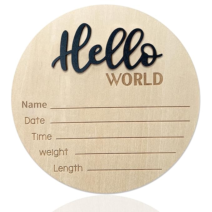 Baby Announcement Sign, 5.9 Inch Wooden Hello World Newborn Signs, Birth Announcement Sign, Baby Shower Hospital Nursery for Newborn Boys and Girls (Black)