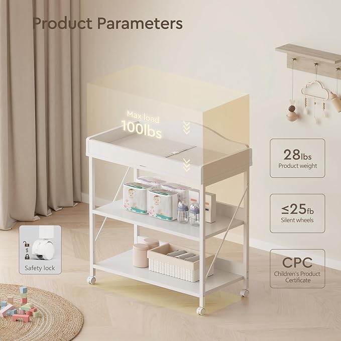 Baby Changing Table, Diaper Changing Station with Pad and Wheels, Two-Tier Open Storage Shelves, Waterproof Diaper pad & Safety Strap, Compact Baby Furniture for Nursery, White