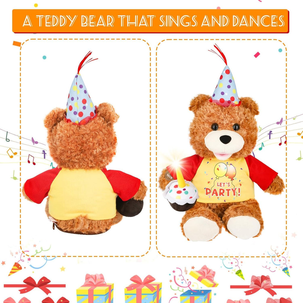 Singing Dancing Teddy Bear with Light Up Candle Playing Happy Birthday Song – Musical Interactive Plush Toy Stuffed Animal Birthday Gift for Kids Adults, 12”