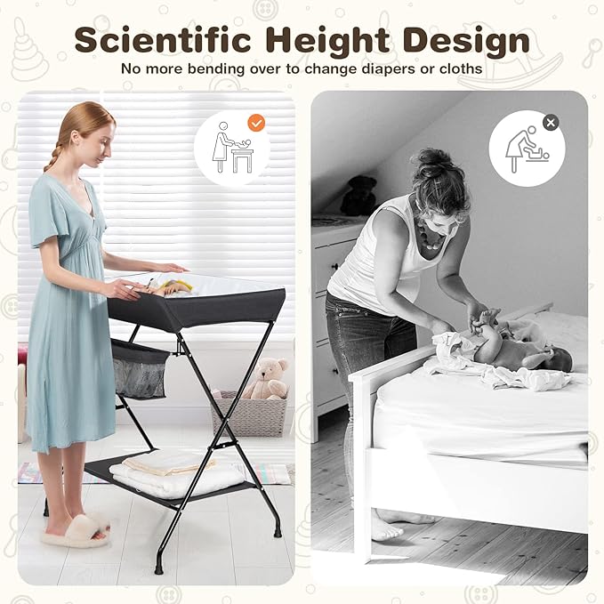 Costzon Changing Table, Portable Baby Changing Table Foldable Diaper Changing Station with Safety Belt, Large Storage Rack & Shelf, Nursery Organizer for Newborn Infant (Black)