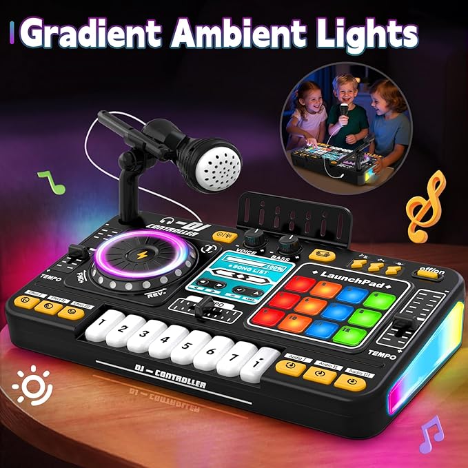 Kids Toys DJ Mixer for Party: Music Toy with Bluetooth & Microphone for Ages 3+ - 2000+ Sound Effects & Colorful Light - Idea Gift for Birthday Holiday