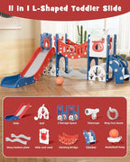 YUFU Toddler Slide Set, 11 in 1 Kids Slide for Toddlers 1-3, Toddler Playset with Climbing Bridge, Golf Set, Basketball Hoop, Indoor Outdoor Playground (Blue Red)