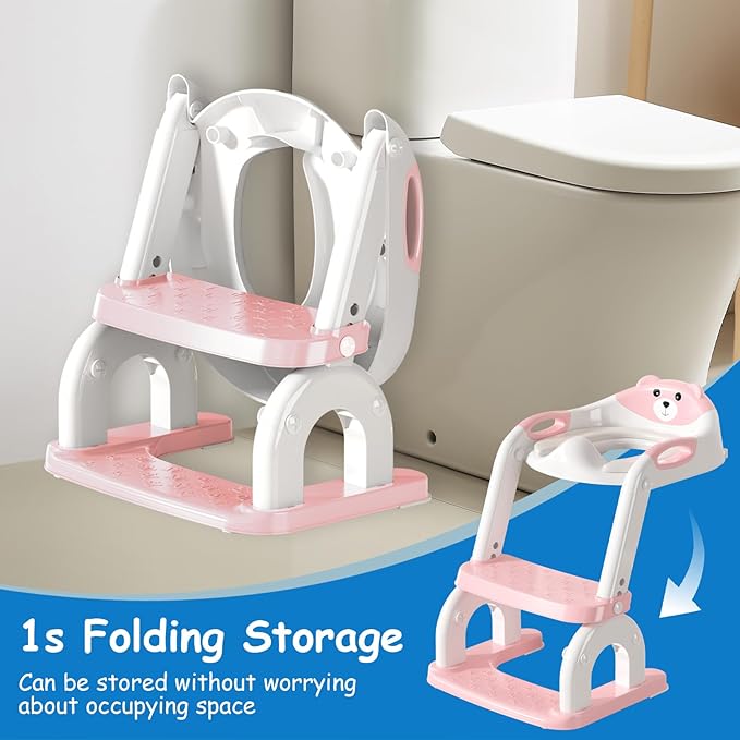 Potty Training Seat with Step Stool for Toddlers - Upgrade 2-in-1 Toilet Seat Toilet Ladder for Kids Children Boys Girls, Anti-Slip Pad & Adjustable Height with Waterproof - Pink