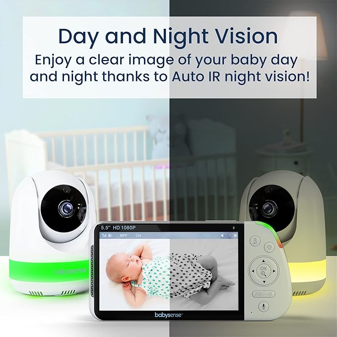 Babysense 5.5” 1080p Full HD Split-Screen Baby Monitor, Video Baby Monitor with 2 Cameras and Audio, 6-Color RGB Night Light, 1000ft Range, Two-Way Audio, 4X Zoom, 5000mAh Battery