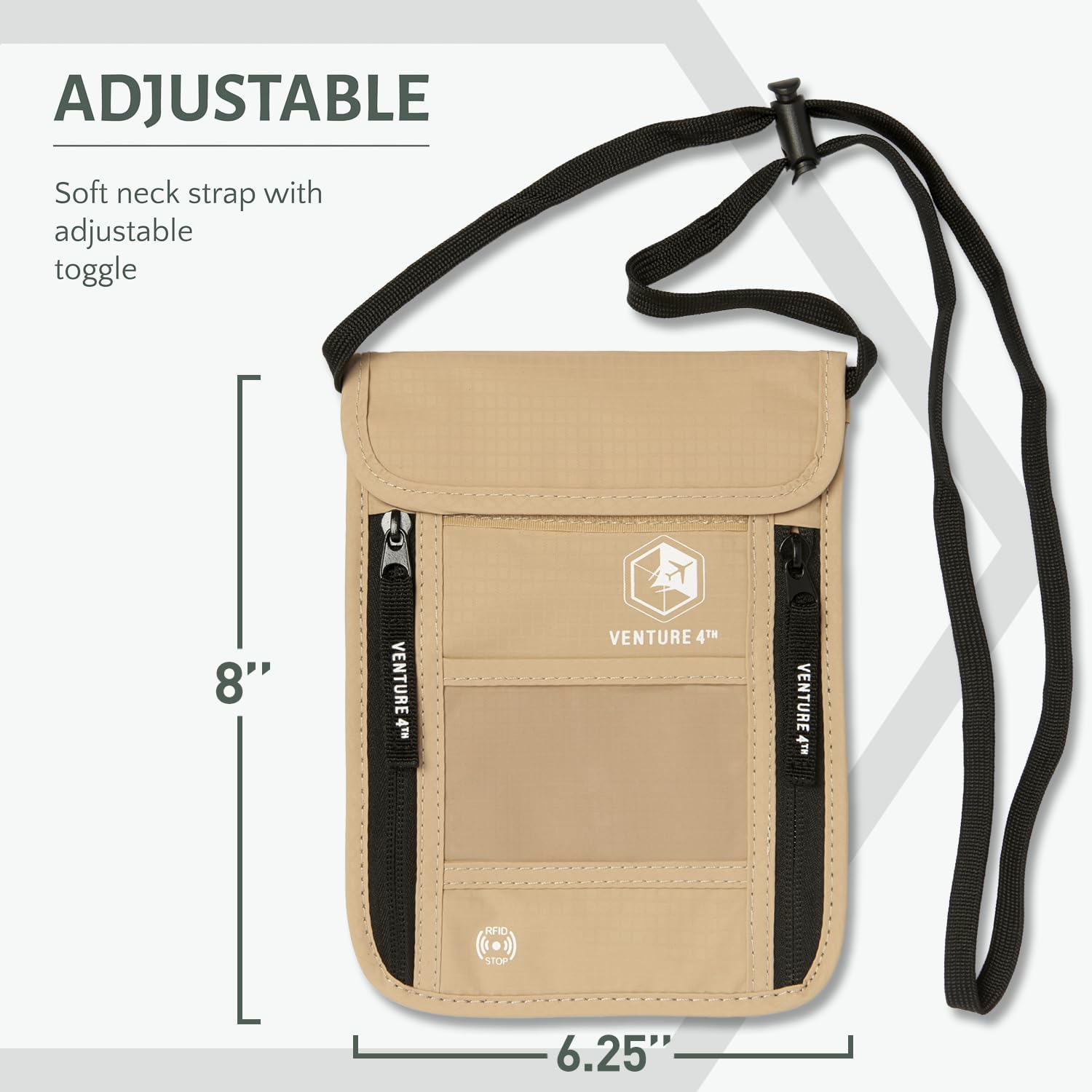 VENTURE 4TH Passport Holder Neck Wallet with RFID Blocking Nylon Lining - Hidden Neck Pouch for Travel (Beige)