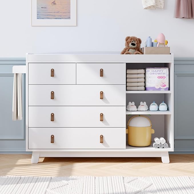 Baby Dresser with Changing Table Top, Nursery Dresser with 5 Drawers and Adjustable Shelves, Storage Organizer for Kids Bedroom, White