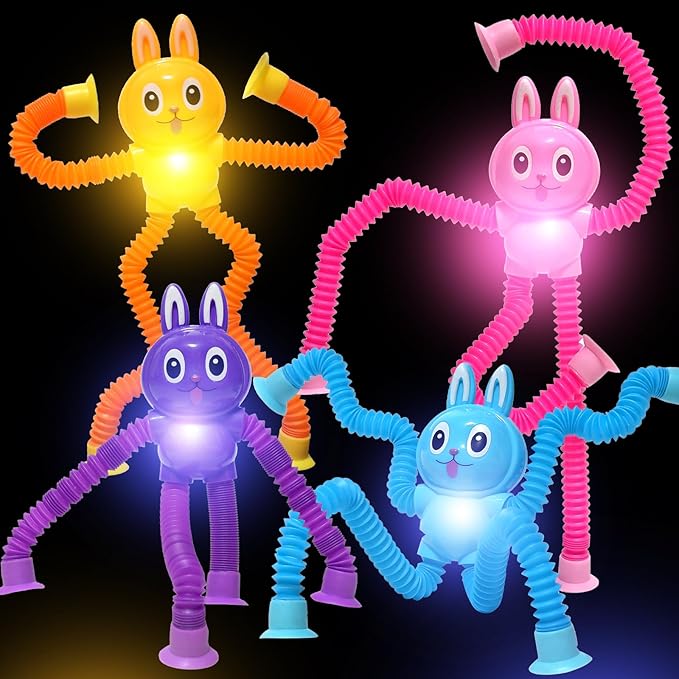 Easter Bunny LED Pop Tubes Light Up 4 Pcs Sensory Fidget Toys, Telescopic Suction Cup Easter Basket Stuffers Easter Egg Fillers Toys Party Favors Game Prizes Goody Bags Treats Gifts for Kids 3+