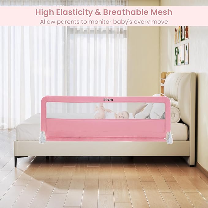 INFANS Bed Rail for Toddlers, 59" Foldable Safety Baby Crib Rail Fit for Kids Twin, Extra Long Swing Down Bed Guardrail for Convertible Crib, Queen, Full, King Mattress Side Guard (Pink)