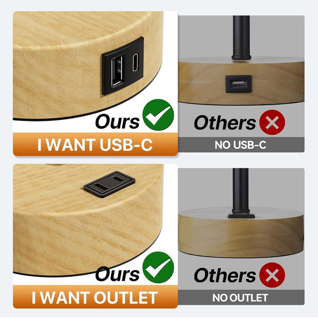 KPQ Small Bedside Lamp Touch Control Table Lamp with USB A+C Charging Ports & AC Outlet 3-Way Dimmable Nightstand Lamp with Linen Fabric Shade for Bedroom Living Room