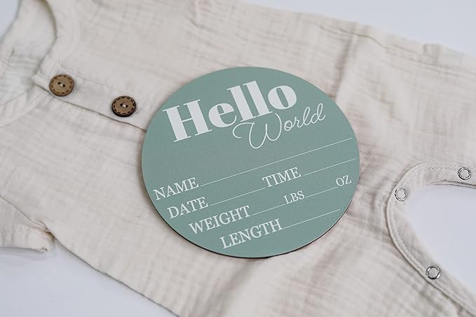 Hickory Hollow Designs - Baby Announcement Sign for Newborn Boys and Girls (Color Bases) - Hello World Nursery Decor Sign & Photo Prop for Babies Made of Birch Wood - 6" Circle Board (Sage)