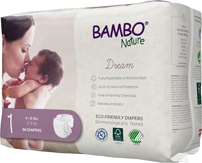 Bambo Nature Hypoallergenic Dream Baby Diapers, Premium Eco-Labeled Sustainable Diapers, Enhanced Leakage Protection, Totally Chlorine-free, Skin Friendly, and Super Absorbent - Size 1 (108 Count)