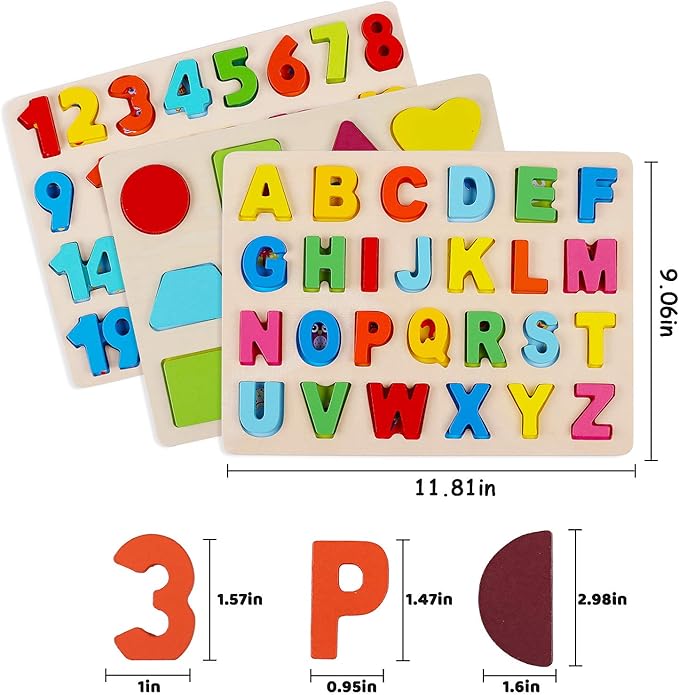 Wooden Puzzles for Toddlers, Kesletney Wooden Alphabet Number Shape Learning Puzzles for Kids, 3 in 1 Montessori Preschool Educational Toys for Boys Girls Ages 3 4 5 Years Old