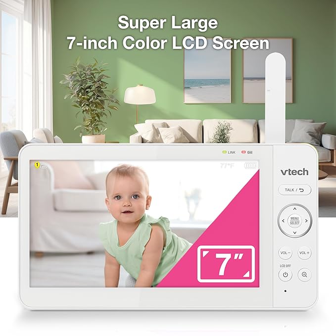 VTech Video Baby Monitor with 7" Color LCD Screen, Rechargeable Battery, Video Streaming, Audio Streaming, Pan-Tilt-Zoom, Touch Multi-Color Night Light, Two-Way Talk, Long Range: Advanced Max Green