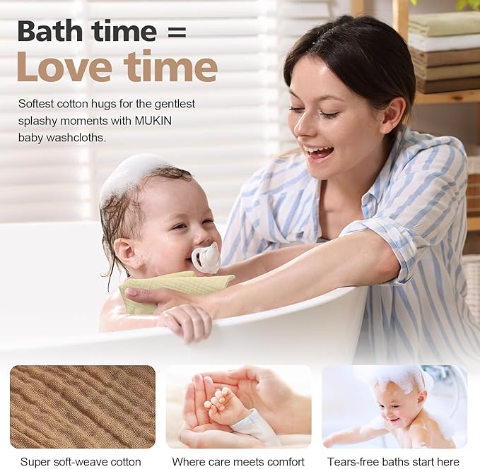 MUKIN Baby Washcloths,Muslin Burp Cloths Towels for Newborns,Absorbent Cotton Bath Face Towel ，5 Pack, 12x12 Inches (Amber Glow)