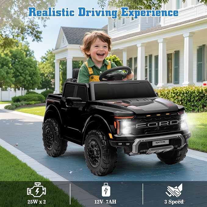 12V Ride on Car Licensed Ford F-150 Raptor, Kids Electric Car with Remote Control, LED Light/Music/MP3, Truck Bed Storage, 3-Point Seat Belt (12V, Black)