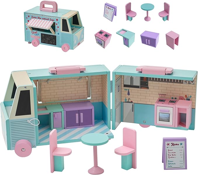 Olivia's Little World Wooden Food Truck Dollhouse + Accessories for 3.5" Dolls, Multi