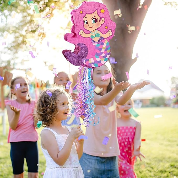 WERNNSAI Foldable Mermaid Pinata - Pull String Mermaid Birthday Party Supplies Extendable Mermaid with Blindfold Bat and Tassels Mermaid Party Decoration Folding Mermaid Girl Piñatas for Game