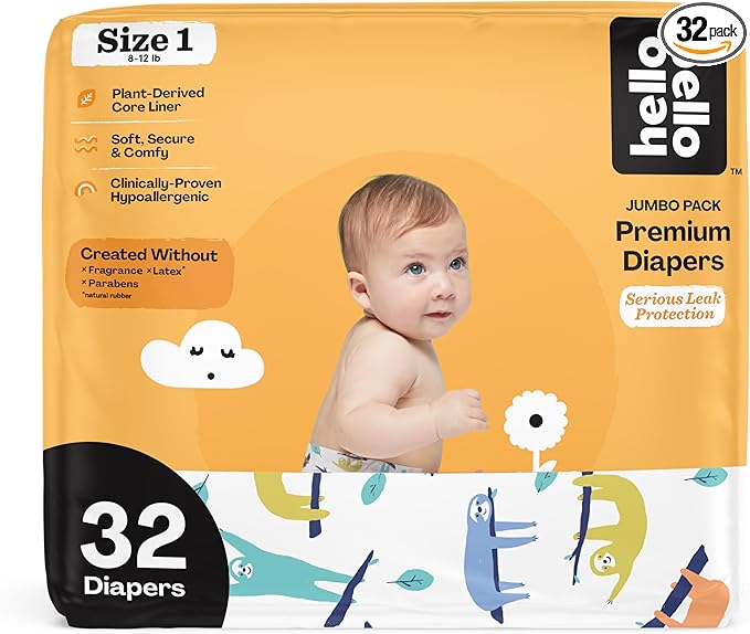 Hello Bello Premium Baby Diapers Size 1, 32 Count of Disposable, Extra-Absorbent, Hypoallergenic Baby Diapers with Snug and Comfort Fit, Sleepy Sloth