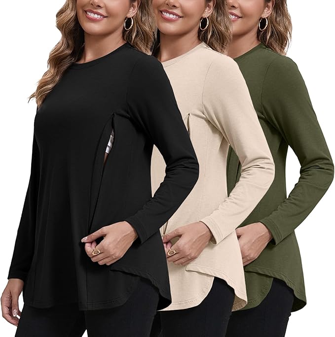 GINKANA Women's Nursing Shirts Long Sleeve 3 Packs Hidden Zipper Breastfeeding Pumping Tops Side Split Maternity Clothes