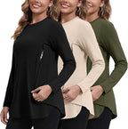 GINKANA Women's Nursing Shirts Long Sleeve 3 Packs Hidden Zipper Breastfeeding Pumping Tops Side Split Maternity Clothes