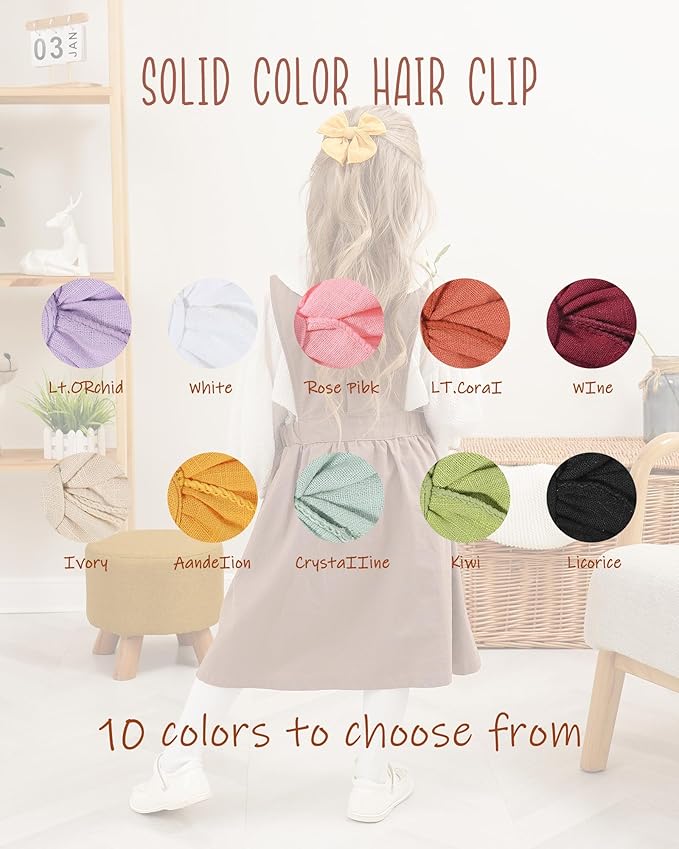 doboi 20PCS Fable Bows 3.6 Inch Hair Clips Baby Girls Hair Clips Cotton Linen Bows for Girls Solid 10 Color Hair Accessories for Baby Toddlers Kids