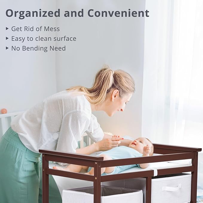 Wooden Baby Changing Table, Modern Diaper Changing Table, Infant Diaper Station Dresser with Laundry Hamper, 3 Drawer Basket- Storage Organizer for Baby Clothes, Diapers & Toys