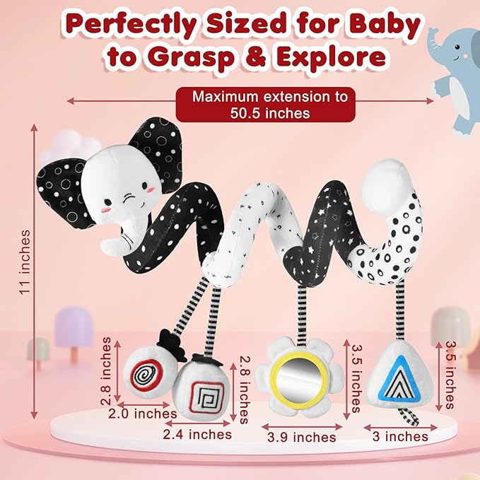 URMYWO Spiral Car Seat Toys for Babies 0-6 Months, Black and White Baby Toys, High Contrast Baby Toys for Newborn, Hanging Toy Fits Stroller, Shower Gift for Boys Girls