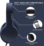 LORELEI X6 Over-Ear Headphones with Microphone, Lightweight Foldable & Portable Stereo Bass Headphones with 1.45M No-Tangle, Wired Headphones for Smartphone Tablet MP3 / 4 (Dark Blue)