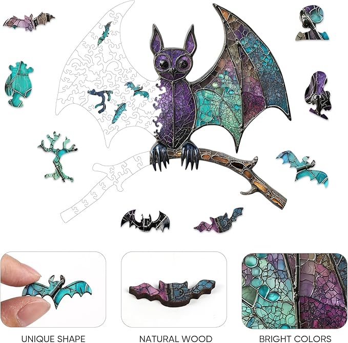 Wooden Puzzles for Adults,Stained Glass Bat Puzzles -Animal Wooden Puzzles,Unique Irregular Fun Challenging Jigsaw Puzzles Gifts，Perfect Family Games,11.2 * 10.6inch