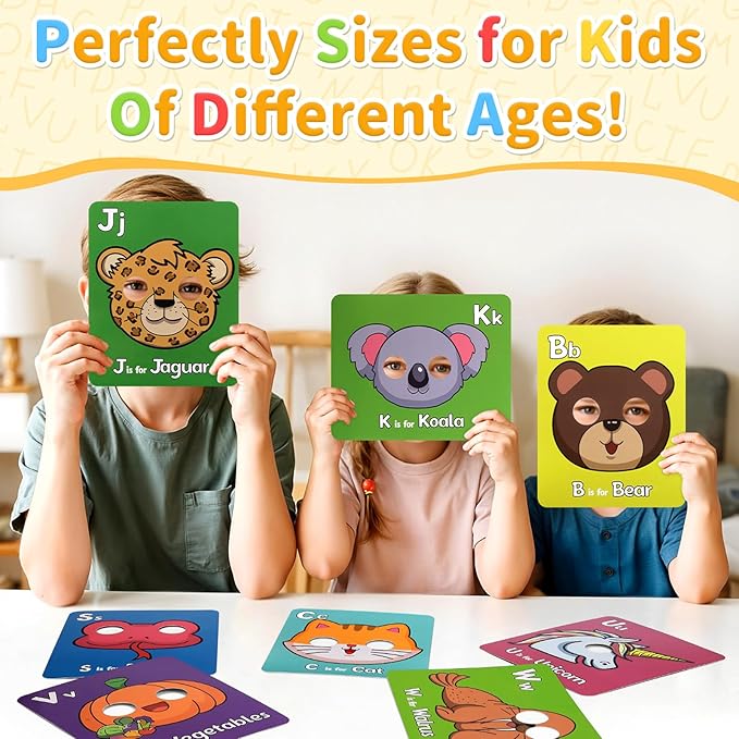 26 PCS Alphabet Mask Cards, Colorful Alphabet ABC Flash Cards with Animal Mask, Giant Letter ABC Animal Faces Flash Learning Flashcards