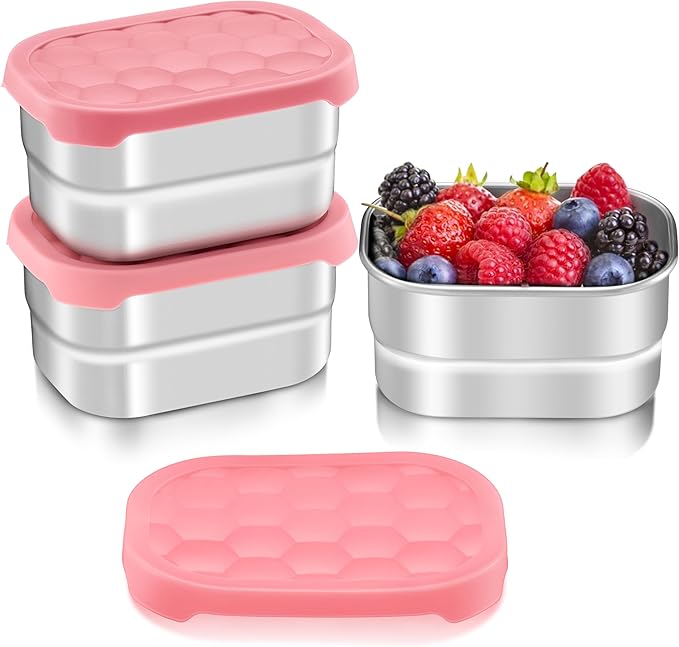 HaWare Stainless Steel Snack Containers for Toddlers and Kids, 8 oz Leak Proof Food Storage Containers with Silicone Lids, Stackable & Reusable Small Metal Lunch Box for Daycare and School- 3 Packs