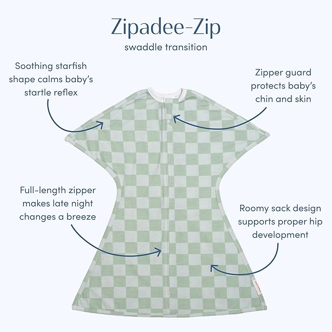 SleepingBaby Zipadee-Zip Transition Swaddle - Cozy Baby Swaddle Blanket with Zipper Convenience - Roomy Wearable Blanket for Easy Diaper Changes - Sea Green/Blue, X-Small (3-6 Month)