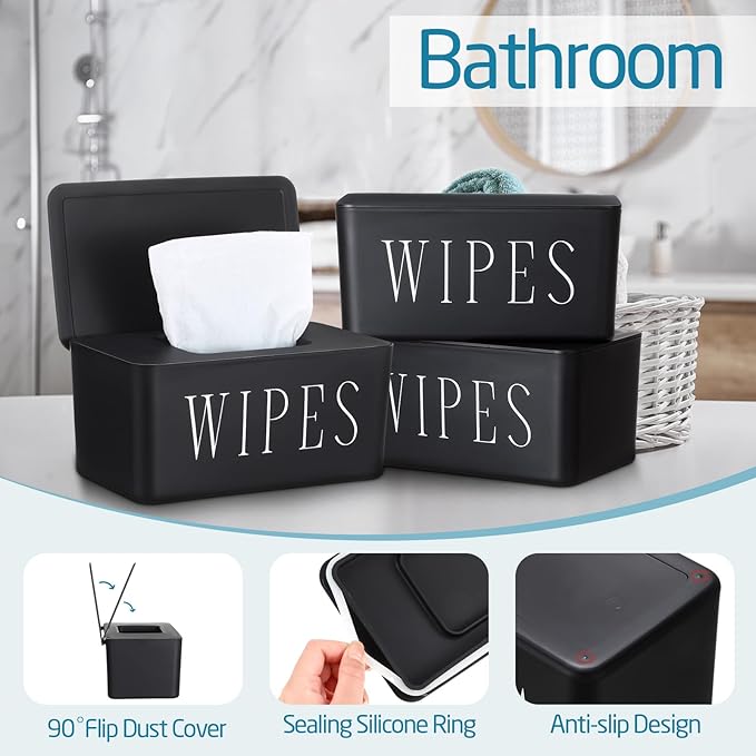 3 Pack Baby Wipes Dispenser Holder Wipe Container for Bathroom with Lid Toilet Tissue Paper Storage Refillable Box for Home Office Cars(Large,Black)