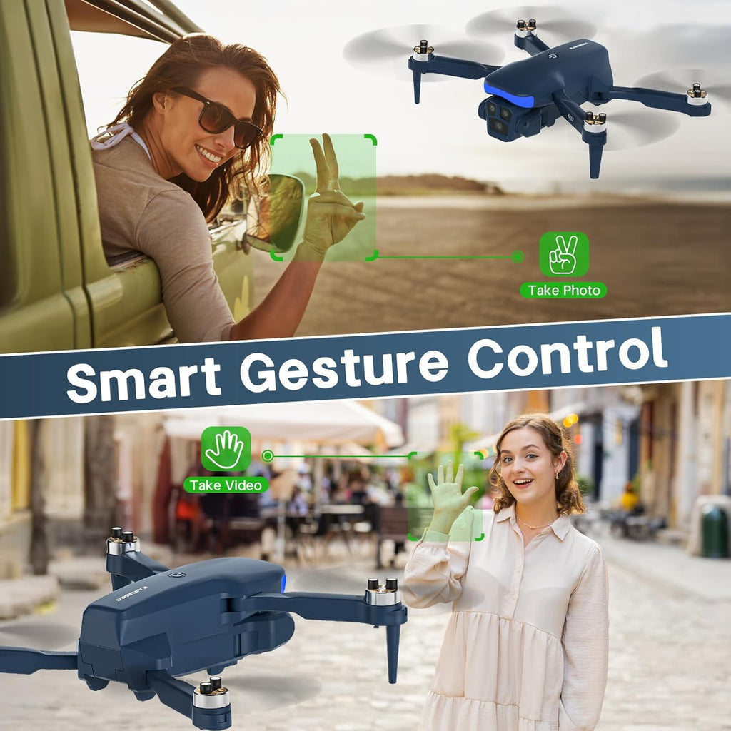 Mini Drone Professional with Blue LED Electric Adjustable Camera,brushless Drones FPV Adults Long Range Gravity Control Gesture Selfie,Drone Wind Resistant Headless Mode Tap Fly Foldable,3 Speeds