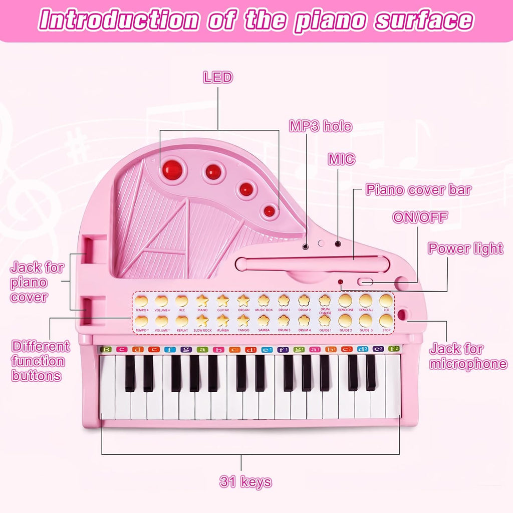 Love&Mini Piano Keyboard Toys for Girls - 31 Keys Kids Toy Piano with Microphone and Stool for Toddler Music Toy for 3+ Years Old Girls Birthday Gift