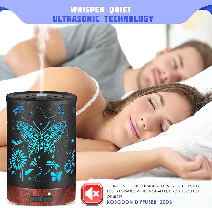 Metal Essential Oils Diffuser 150ML Christmas Aromatherapy Diffuser Cool Mist Humidifier with 7 Colors Lights Waterless Auto Off Air Diffusers as Gifts for Mom(Butterfly)