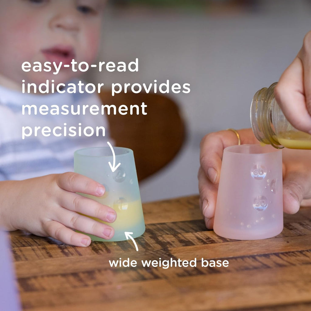 Olababy First Cup | Clear Sense 100% Silicone Infant Trainer Cup | 2oz Medicine Cup for Newborn | Non-Slip & Sloping Design for Tiny Hands & Baby Led Weaning (Kiwi/Blueberry, 2 Cups)