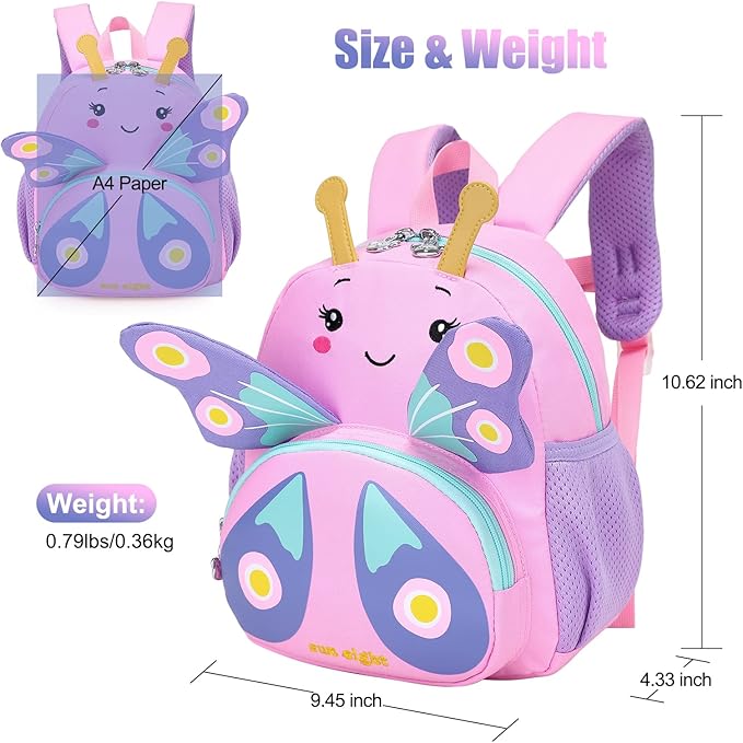 SUN EIGHT Preschool Toddler Backpack for Girls Kids Backpack Cute 3D Cartoon Animal Waterproof Schoolbag for Baby Girl Boy 1-5 Years（Butterfly）