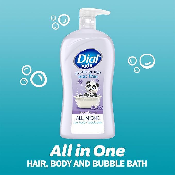 Dial Kids All-in-1 Body + Hair + Bubble Bath, Lavender Scent, 32 Fl Oz, Hypoallergenic Body Wash & Shampoo, No Tears Formula for Kids 2+ Years, No Parabens & Silicones