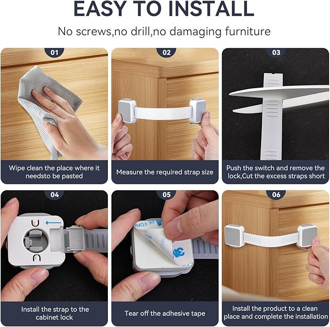 12 Pack Child Safety Cabinet Locks for Baby Proofing, Length Adjustable Latch Straps Dual Button Design for Drawers Fridge Refrigerator Doors Toilet Seat Oven