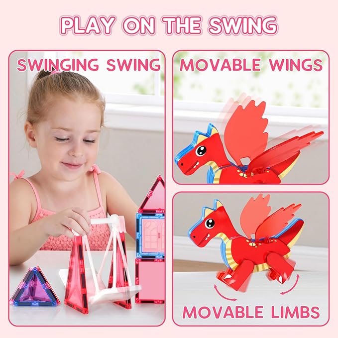 Magnetic Tiles for Kids Age 4-8 with Dragon, 36 Piece Princess Castle Magnet Tiles for Girls, Movable Dragon Toys for 3+, Creative Magnetic Construction Building Set for Class, Xmas Gift for Grandkids
