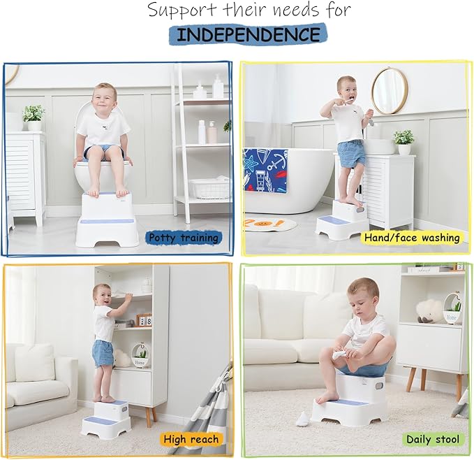 Blue Toddler Step Stool for Bathroom Sink, 2 Step Stool for Kids Kitchen Sink, Heavy Duty Stepping Stool for Toddlers Toilet Potty Training (2 Pack, White-Blue)
