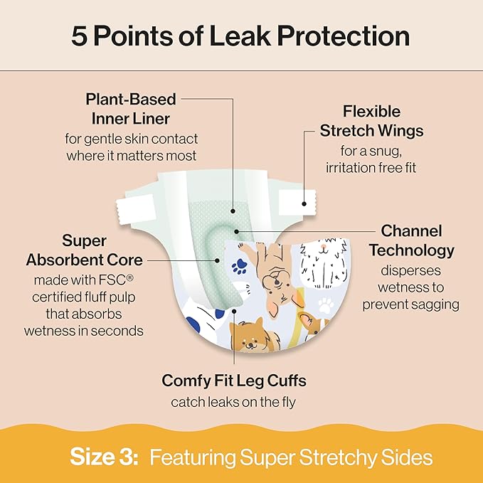 The Honest Company Clean Conscious Diapers for Delicate Skin | Up to 100% Leakproof | Hypoallergenic, Fragrance Free | Gender Neutral | Club Box, Size 3 (16-28 lbs), 62 Count (Prints May Vary)